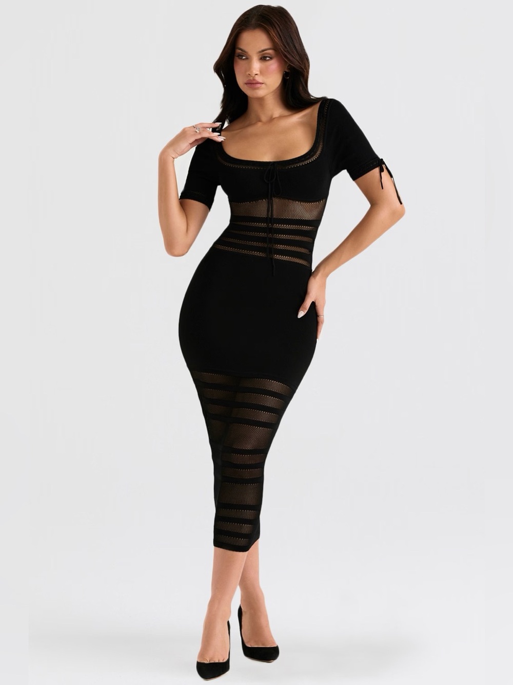 House Of CB Lilla Black Openwork Knit Midi Dress